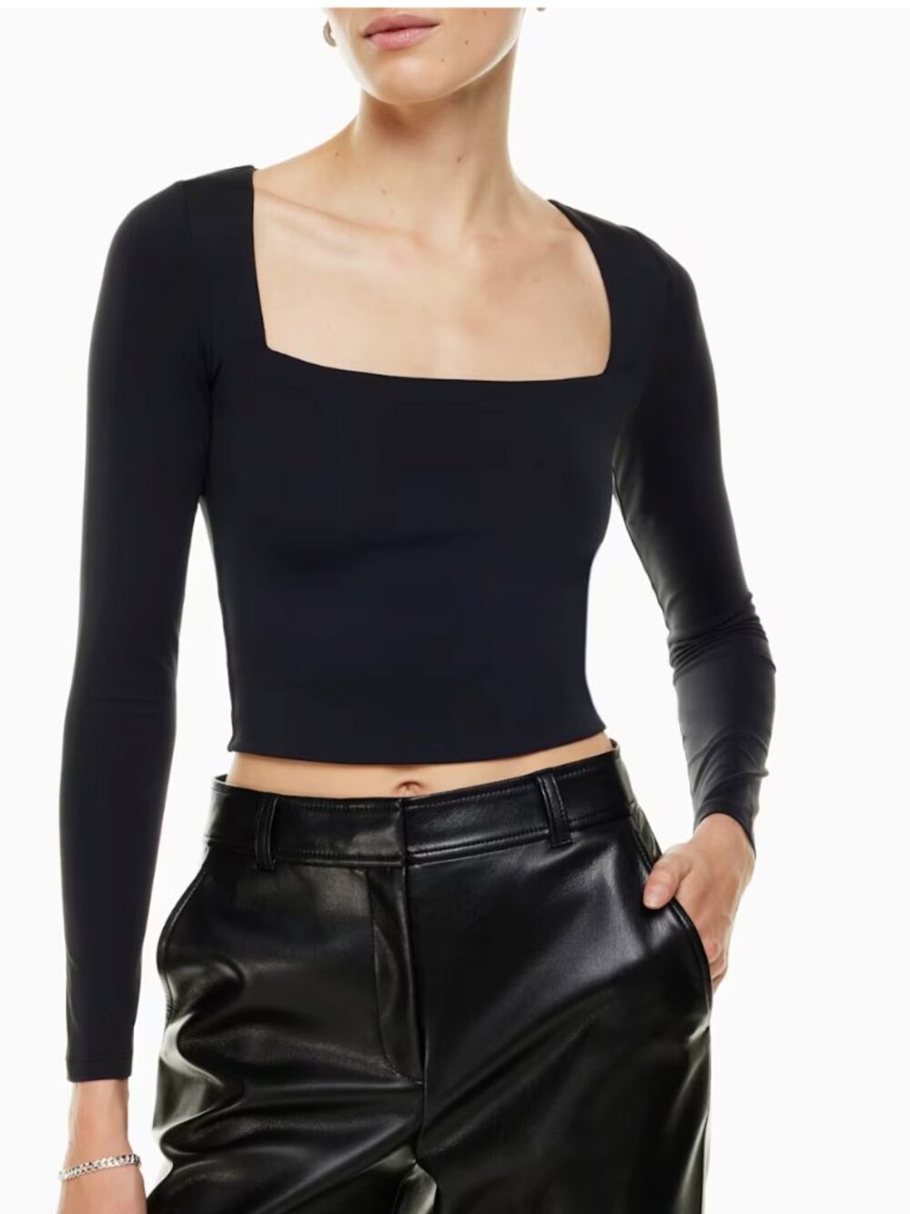 Aritzia Babaton -Fitted Black Square-Neck Long Sleeve Crop Top  - XS